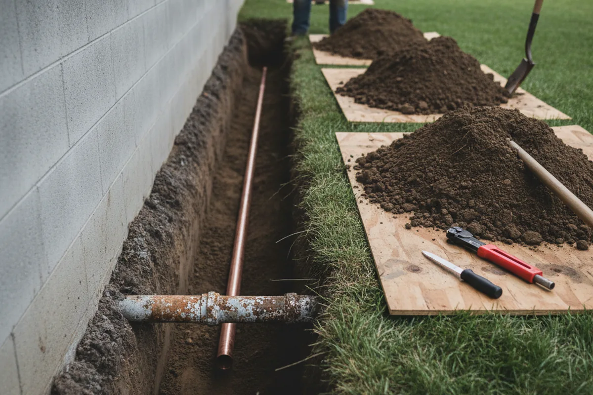 Excavated water line trench during Water Softener Installation in Oakfield